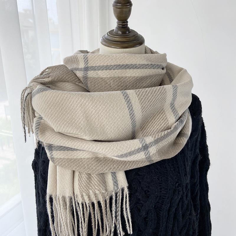 Vintage Striped Light Green Beige Winter Warmth Windproof Scarf for Men and Women, Dry Clean Only, Tassel Edges, Soft Texture, Outdoor Cozy