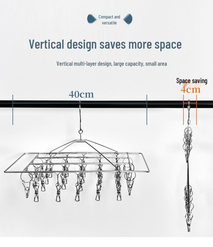Multi-Layer Stainless Steel Drying Rack with Windproof Hooks for Socks & Underwear
