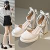 Модные кожаные туфли Мэри Джейн с квадратным носком и толстым каблуком на высоком каблуке для женщин, французские ретро-туфли на платформе с жемчужным бантом