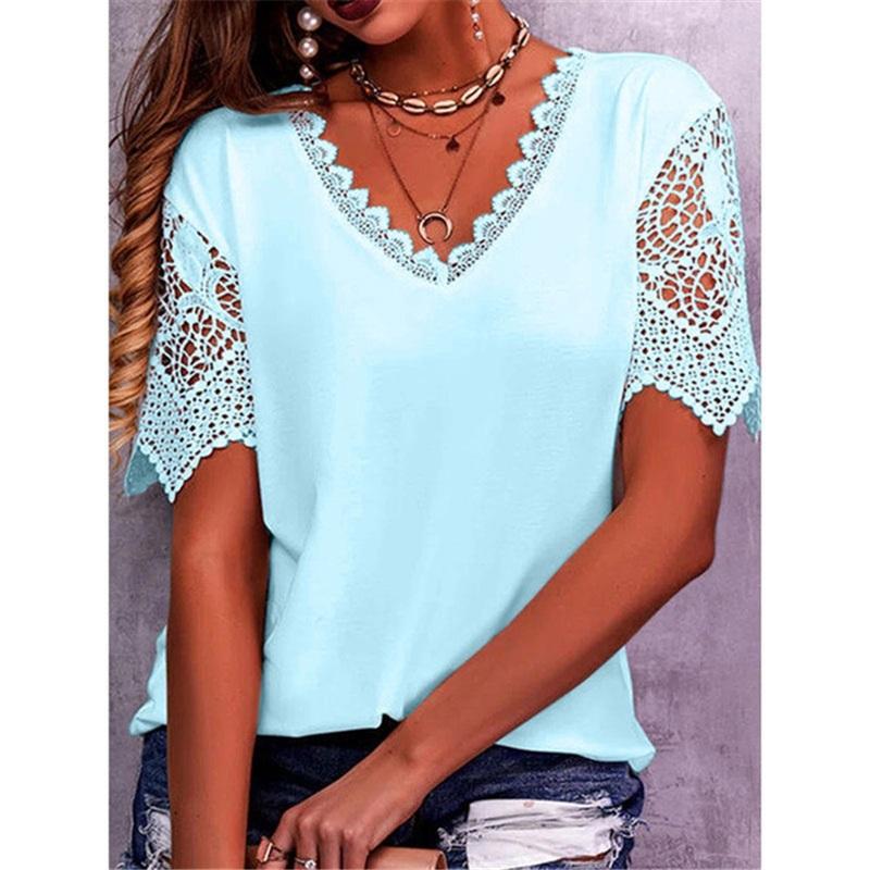 Женская футболка с кружевной отделкой, свободный V-образный вырез, короткий рукав, футболка
