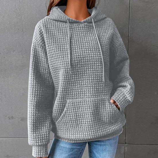 Осень-зима, женская однотонная толстовка с накладным карманом, цветная, свободная, на шнурке, с капюшоном, большая, толстая, теплая, с длинным рукавом, вафельная