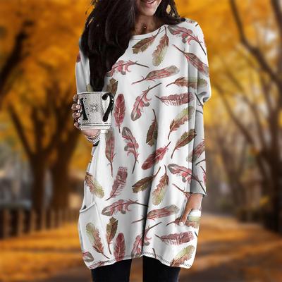 Новинка осени Чистый перьевой принт плюс размер платье женщины O'neck Длинные рукава повседневные карманные платья