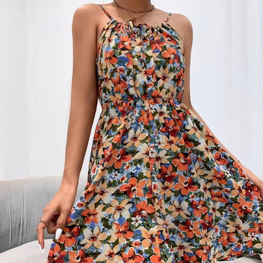 DAFIFY Женская мода лето весна цветочный узор печати без рукавов подтяжки с круглым вырезом повседневные платья