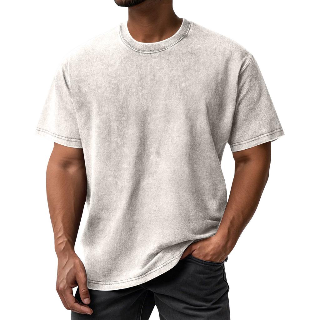Men's Summer Retro Washed Round Neck Distressed Top Loose Short-sleeved T-shirt