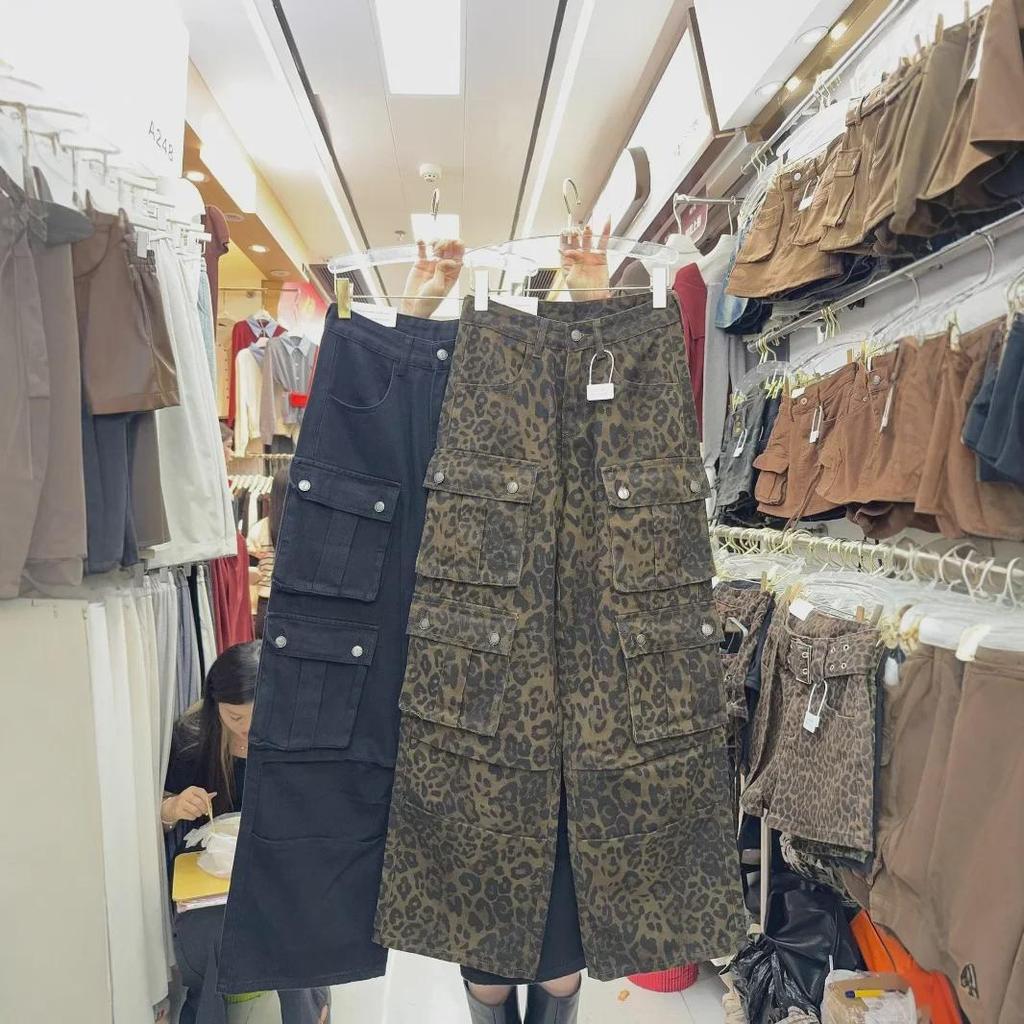 Unisex High Street Leopard Print Denim Overalls: Pleated Multi-Pocket Loose Wide-Leg Trousers 3802