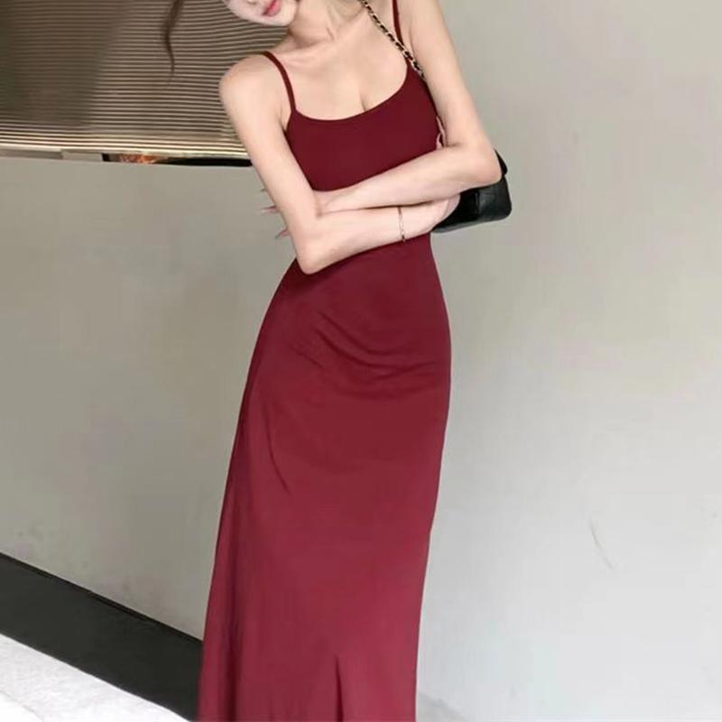 Spaghetti Strap Dresses Women Retro Sexy Slim Simple Daily Streetwear Midi Trendy Pure Summer Ladies Sleeveless