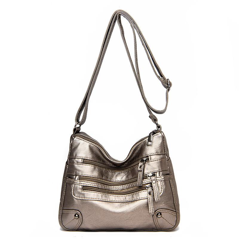 Solid Color Multi Zipper Bag Vintage Soft Leather Shoulder Bag Casual Crossbody Purse For Work