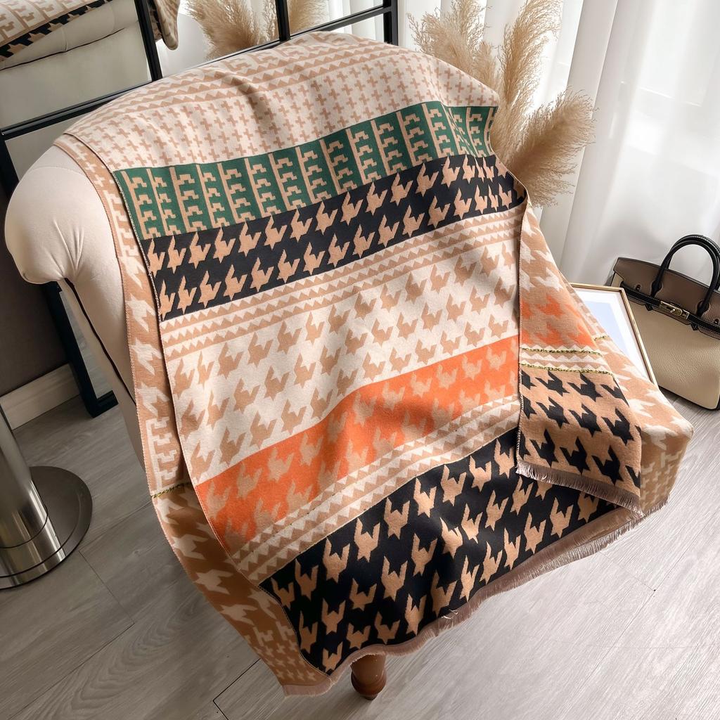 Houndstooth Autumn And Winter Thickened Short Beard Tassel Fashion Warm Ladies Scarf Medium Length Air Conditioner Shawl