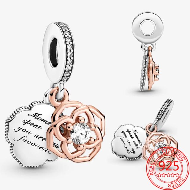Real New Rose Gold Heart Padlock Double Charm Fit Fashion Snake Bracelet 925 Sterling Silver Charms Jewelry Girls Gift Making