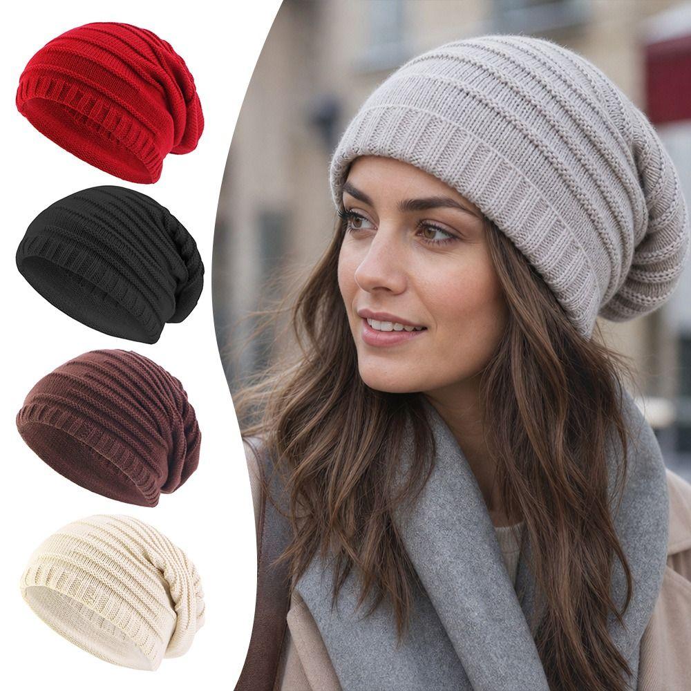Stripe Knit Texture Knit Slouch Hat Solid Color Unisex Beanie Cap New Slouchy Beanie