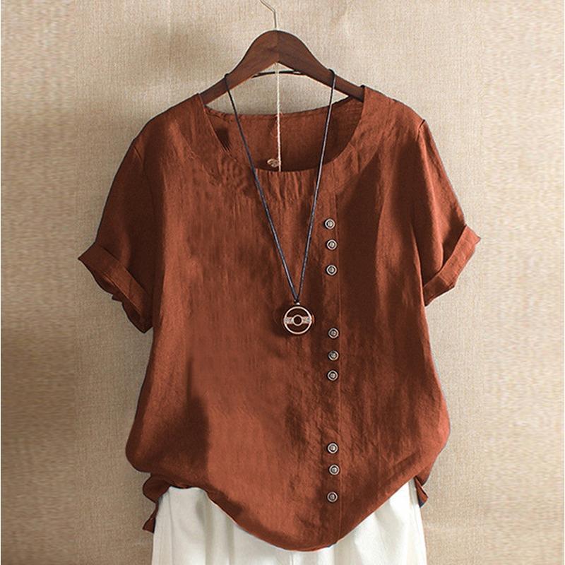 YYFS Женские модные повседневные летние весенние однотонные блузки и рубашки с короткими рукавами и круглым вырезом с принтом