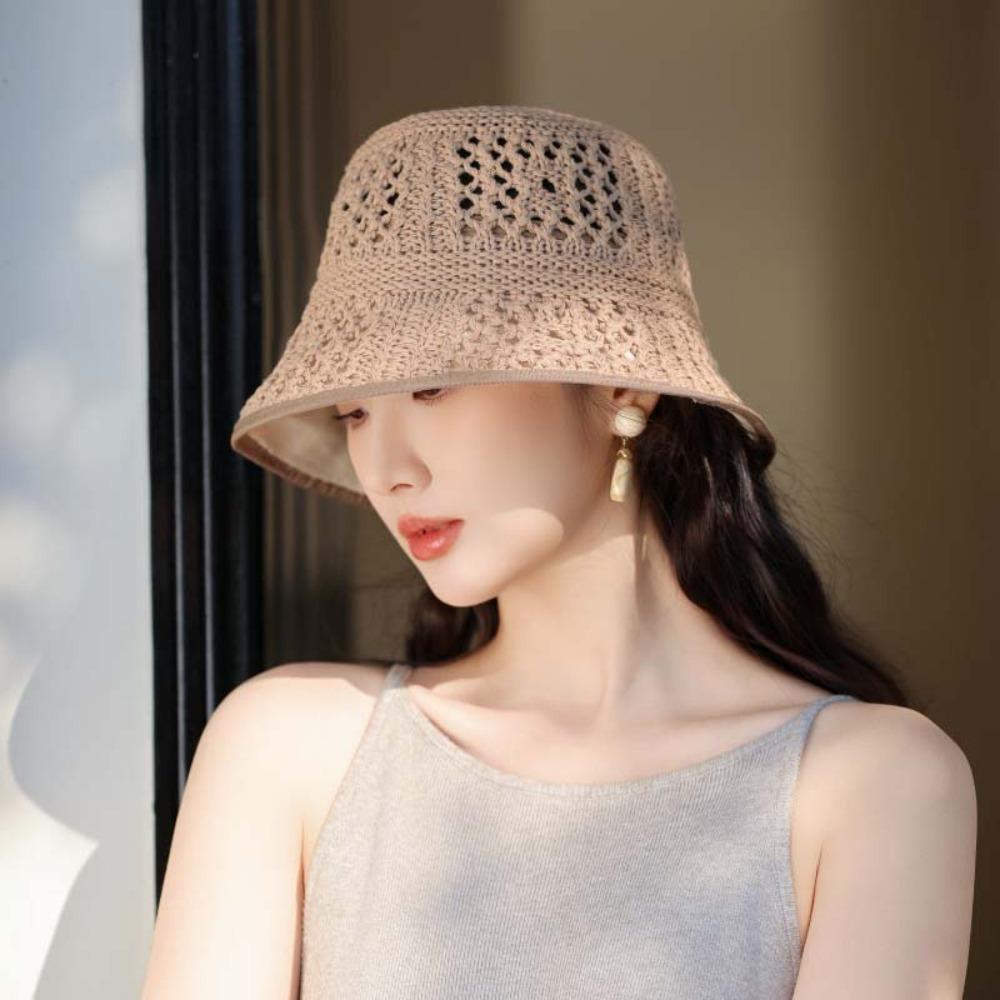Hollow Out Knitted Bucket Hat Temperament Woven Fisherman Hat Visor Cap Sun Protection Cap Spring