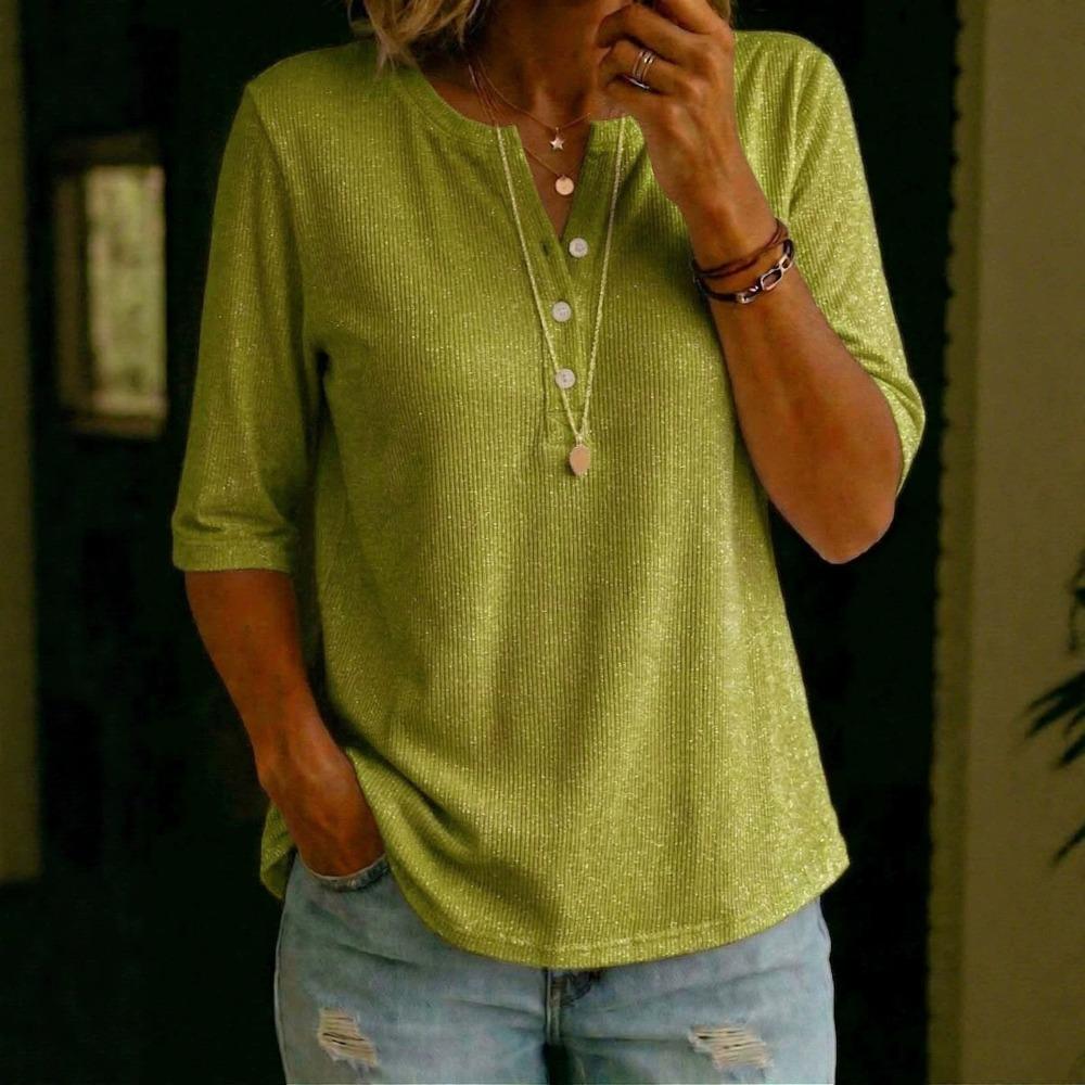Женская рубашка-henley с V-образным вырезом, рукавом три четверти, свободная, повседневная блузка