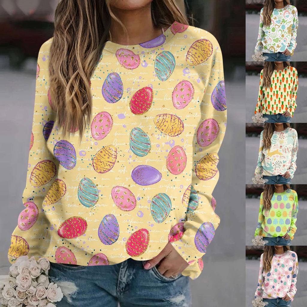 Women's Casual Fashion Easter Printing Long Sleeve O-Neck Pullover Top Blouse