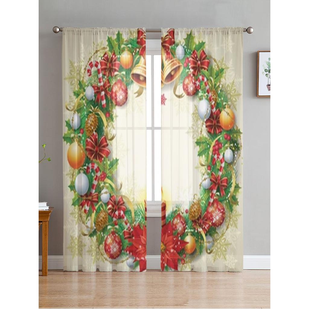 Christmas Wreath Sheer Curtains For Living Room Bedroom Balcony Transparent Window Blinds Kitchen Drapes