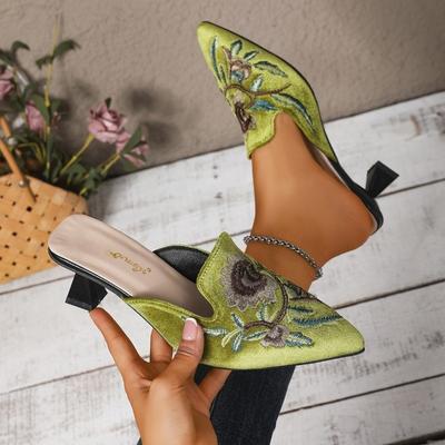 Модные туфли-лодочки на высоком каблуке с цветочным принтом для женщин, остроносые тапочки, модная ретро-вышивка, обувь 2025, летние новые тренды, удобные туфли-лодочки, Sandalias Mujer