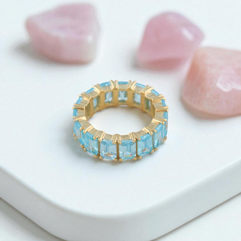 Emerald Cut Blue Topaz Eternity Wedding Band 14K Yellow Gold Plated Silver Full Eternity Ring Statement Stacking Ring