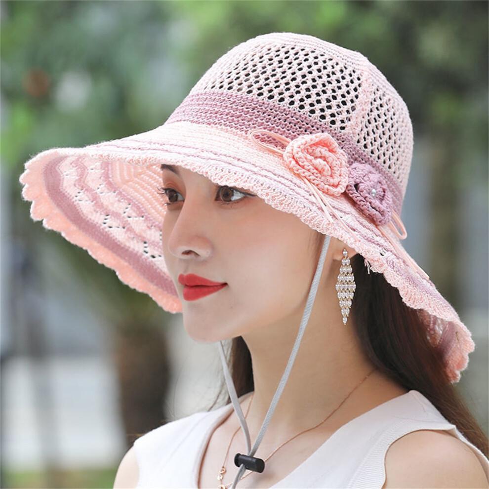 (One Size, Pink) Women Summer Knit Sun Hat Breathable Crochet Flower Wide Brim Sun Protection Fisherman Cap