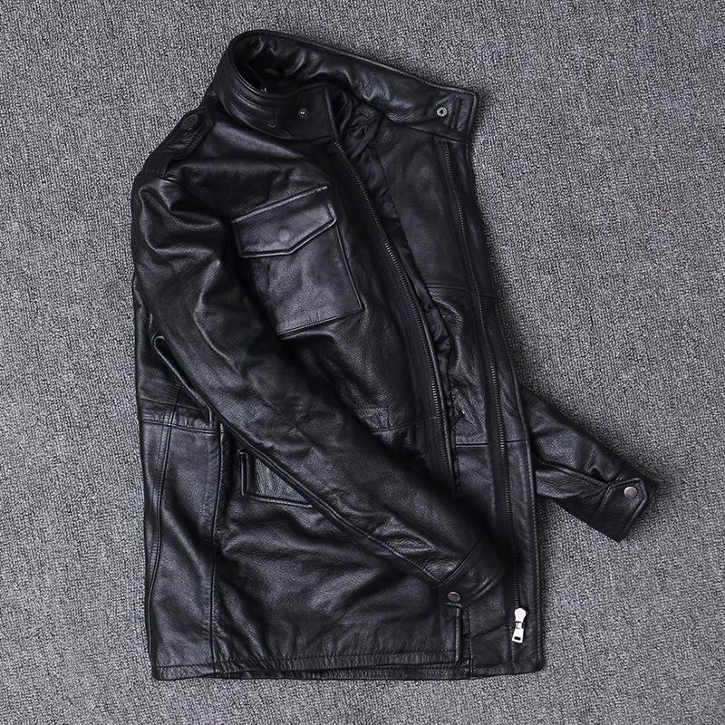 Genuine Leather Jacket for Men, First-layer Cowhide Jacket, Leather Windbreaker, Mid-length Motorcycle Leather Coat