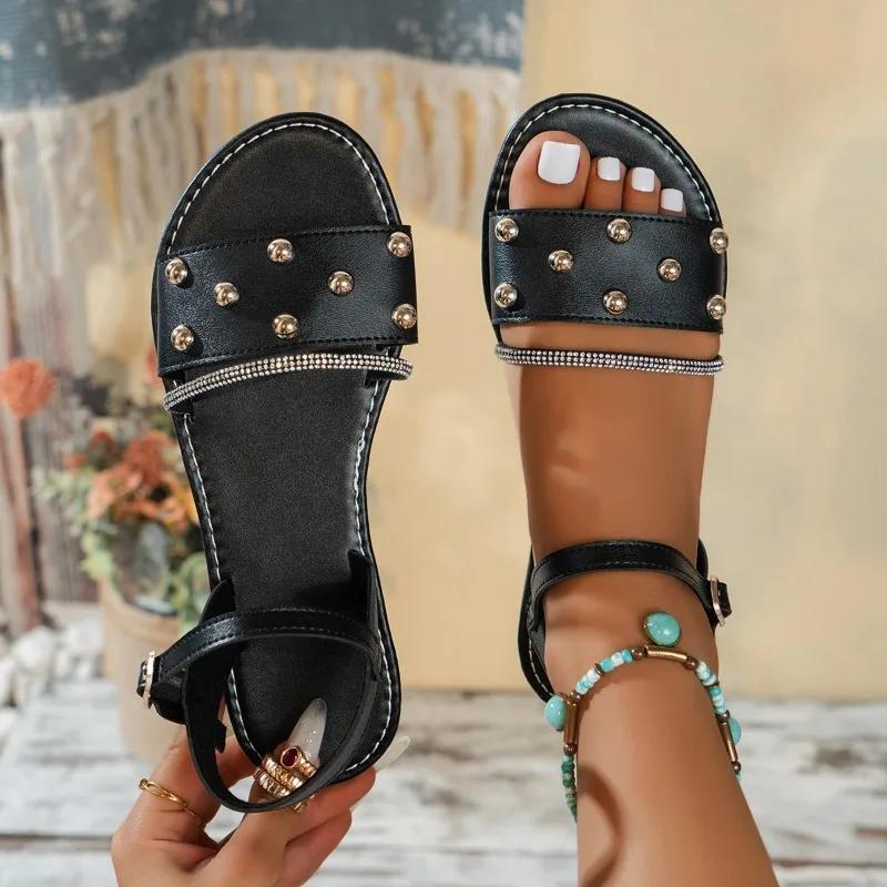 2024 Модная женская обувь с открытым носком, женские сандалии, летние повседневные сандалии, женские с кристаллами, заклепками, пряжкой, ремешком, на плоской подошве с женской обувью
