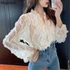 Korean Tassel V-neck Hollow Lace Shirt Women Clothing Fashion Long Sleeve Elegant Woman Blouse Slim Fit Vintage Shirts Tops 16921