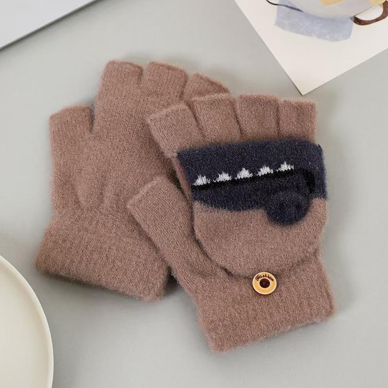 Children's Flip-Top Half-Finger Winter Gloves - Crystal Mink Dinosaur Design