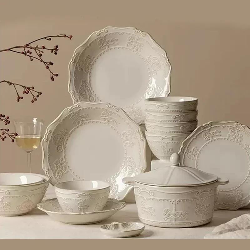 Французская ретро посуда и набор тарелок Бытовая керамическая миска Кухонные и обеденные столовые украшения Предметы домашнего обихода