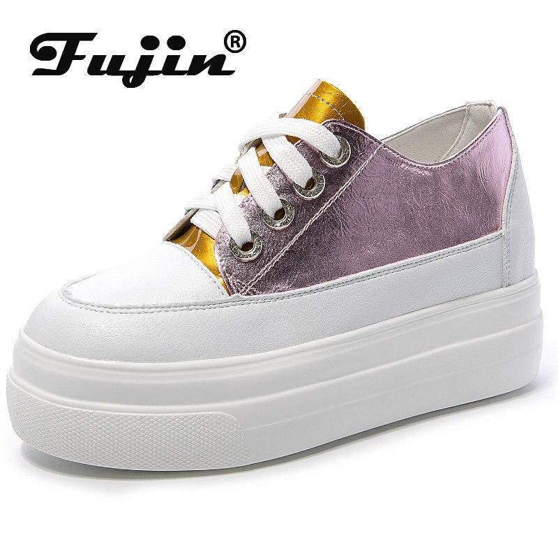 Fujin 8cm New Genuine Leather Platform Spring Autumn Chunky Sneaker Casual Hidden Women Vulcanize Comfy Summer Mixed Color Shoes
