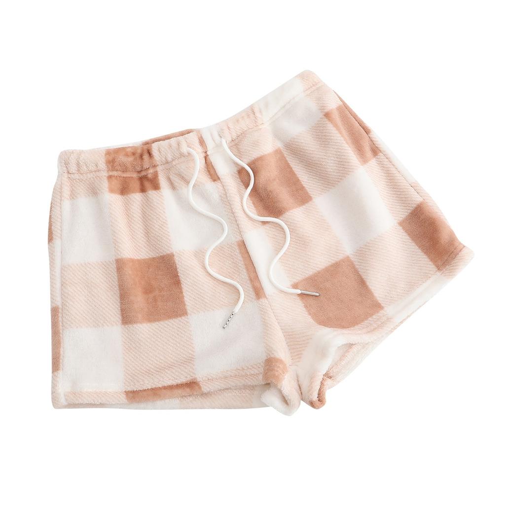 Женские пижамные шорты, плюшевые шорты для сна, мягкие пижамные штаны с эластичной резинкой на талии, клетчатые брюки