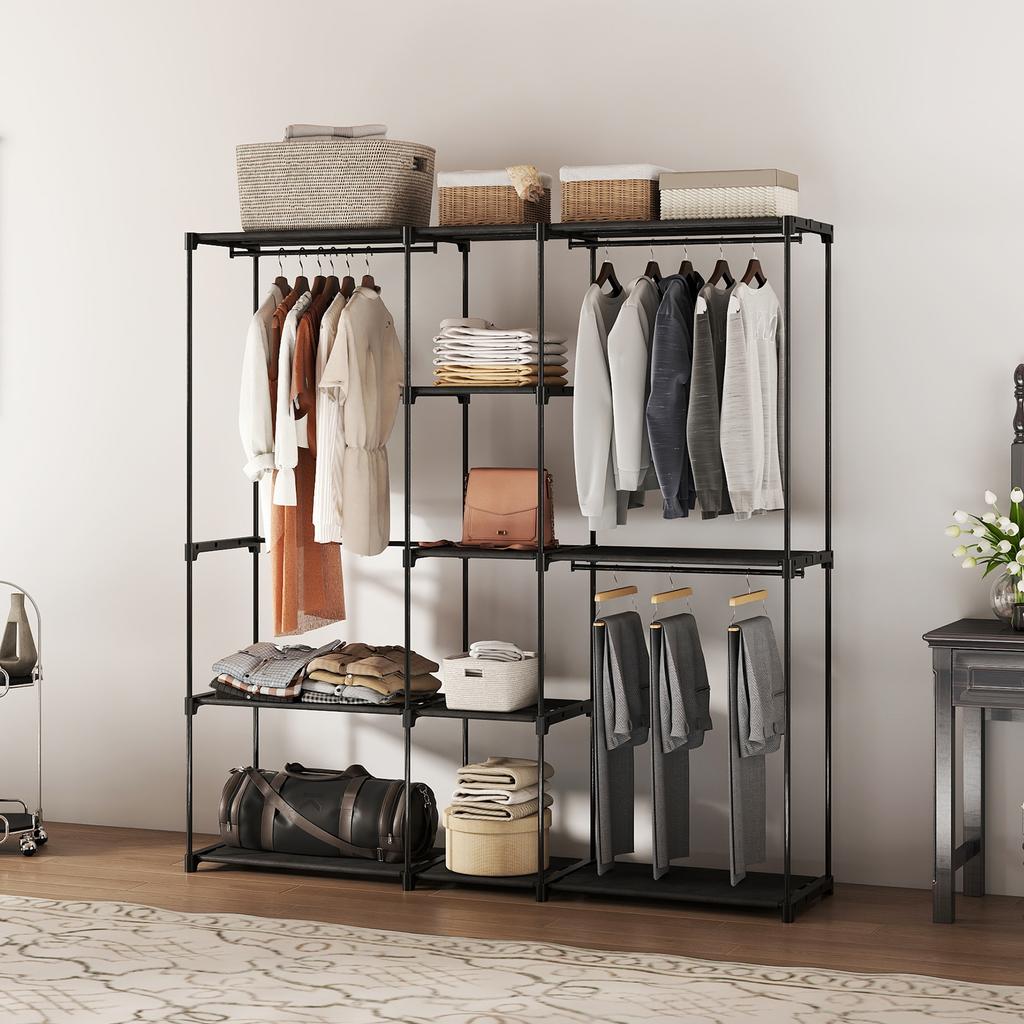 Fabric Wardrobe with 8 Shelves and 3 Hanging Rods. 182x43x185cm. Black