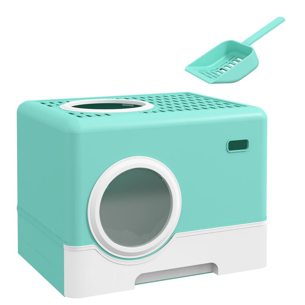 Cat Litter Box with Lid and Scoop. Double Entrance and Removable Tray. 52x41x38.5cm. Green