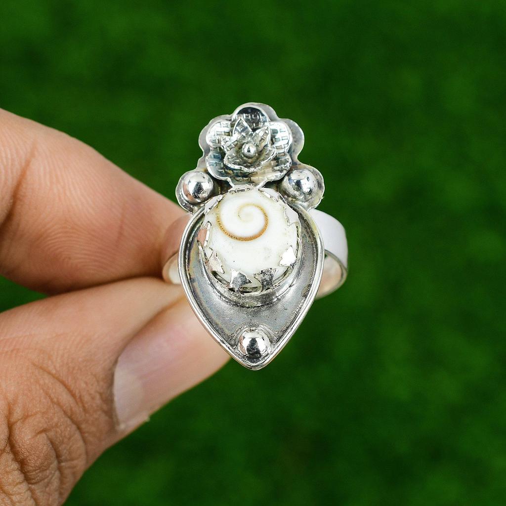 Натуральная раковина Шива Глаз Штабелируемое Цветок Белое Регулируемое Кольцо 925 Серебро