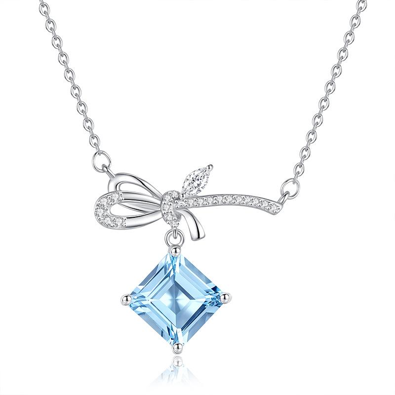 Bow Necklace 925 Silver Women Niche Design Light Luxury Natural Crystal Stone Sugar Cube Pendant Clavicle Chain Daily Jewelry Gift