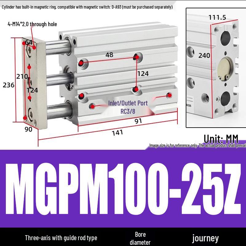 Compact Three-Axis Pneumatic Guided Rod Cylinder 12/16/20/25/32-10/20/40/50/75z