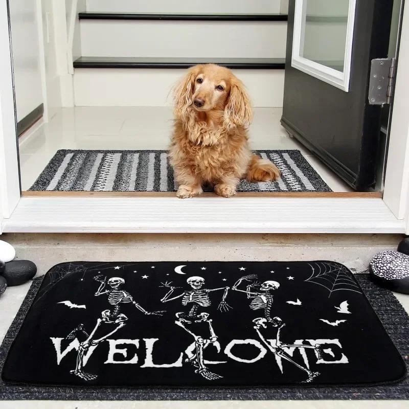 Halloween Skeleton Dancing Mat Soft Crystal Velvet Bath Rug Slip Resistant Entryway Doormat Great for Halloween Home Decor Gifts