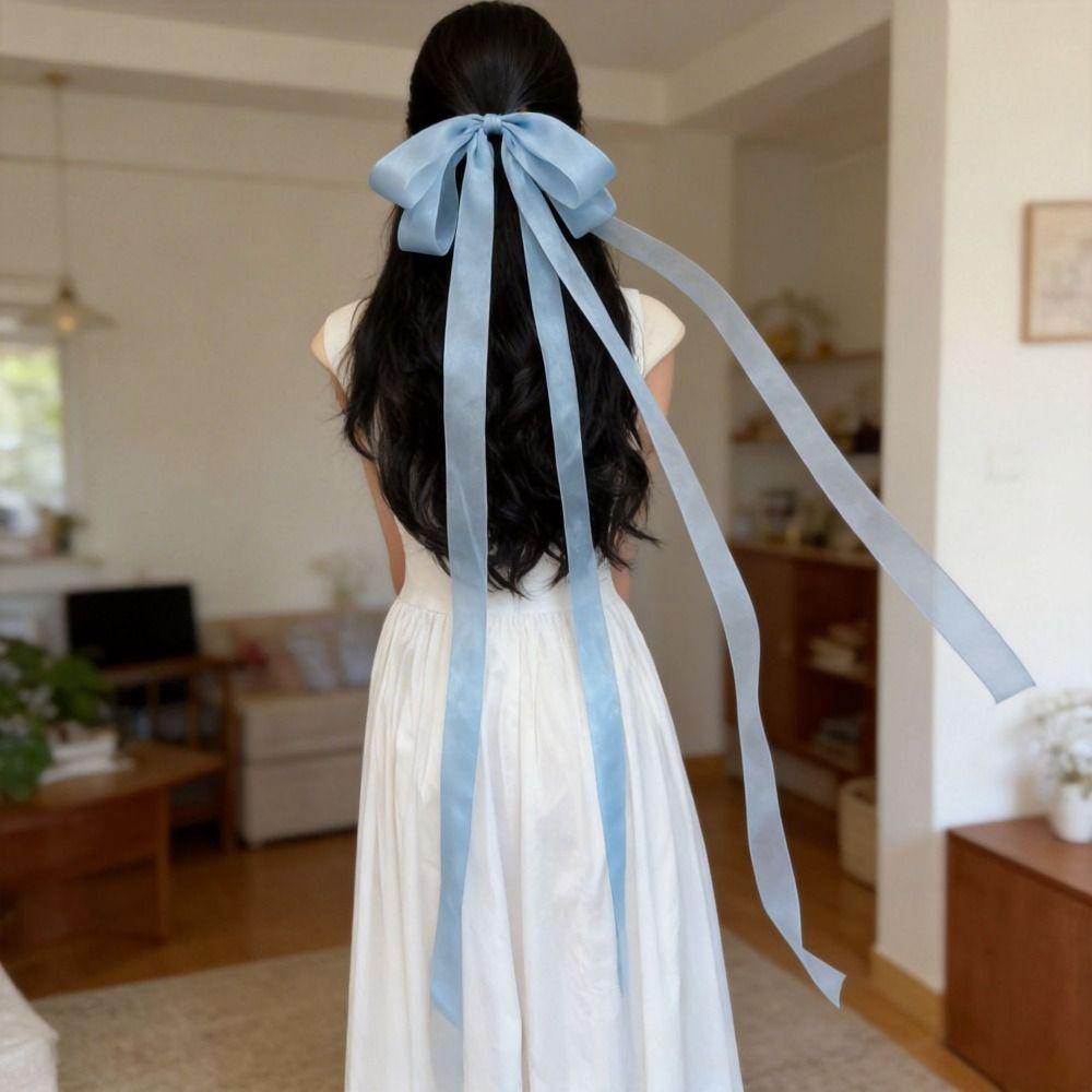 New Solid Color Hair Clip Long Ribbon Bow Sweet Style Bun Holder Hair Styling Decorative Ponytail Holder Wedding