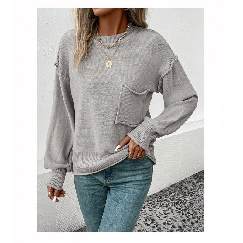 Womens Loose Long Sleeve Knit Sweater With Front Pocket Winter Casual Pullover In Acrylic Round Neck S/M/L