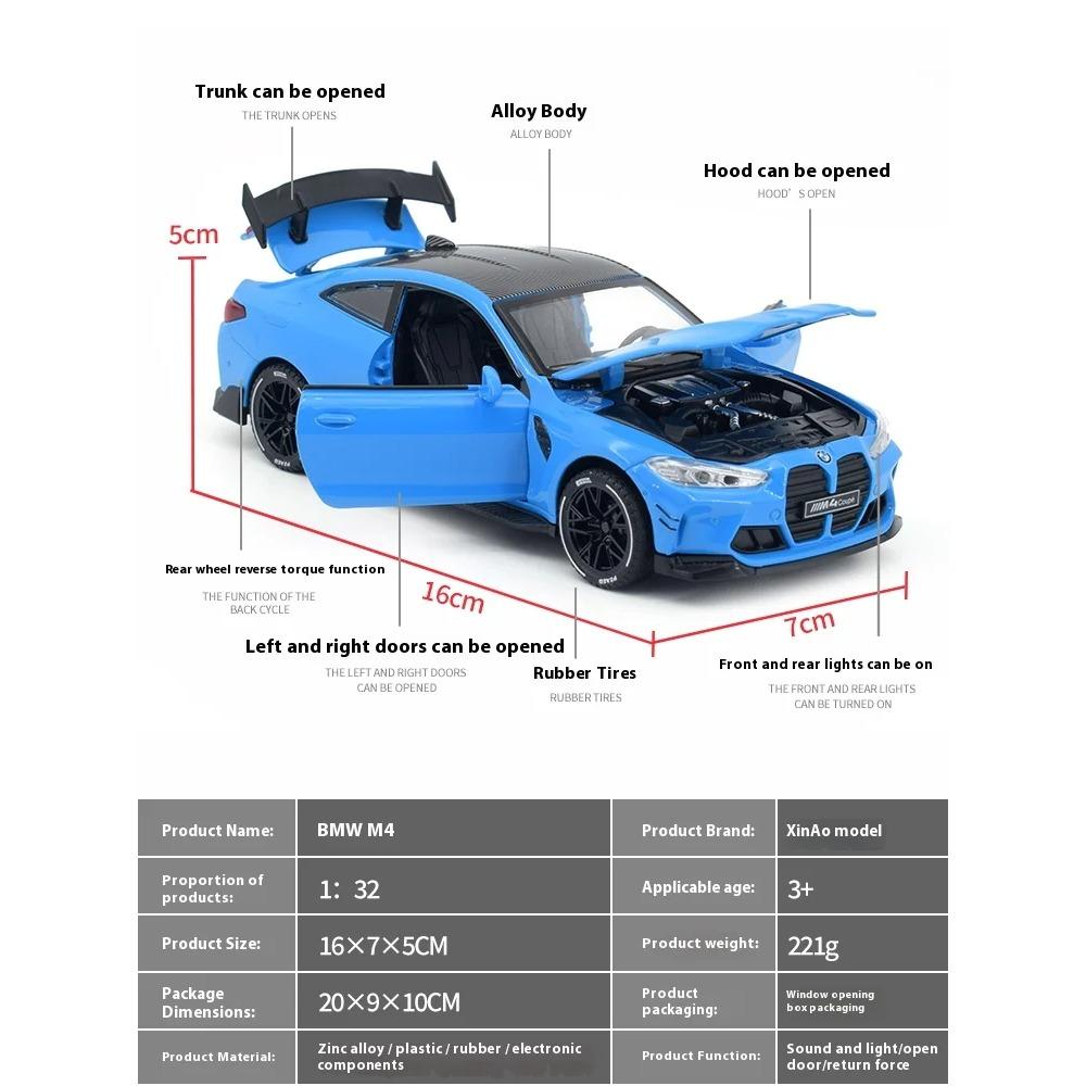 1/32 BMW M4 Coupe Sports Car Alloy Die Casting Metal Model Sound & Light Pull Back Toy Trendy Collect Ornament Boys Toy Present
