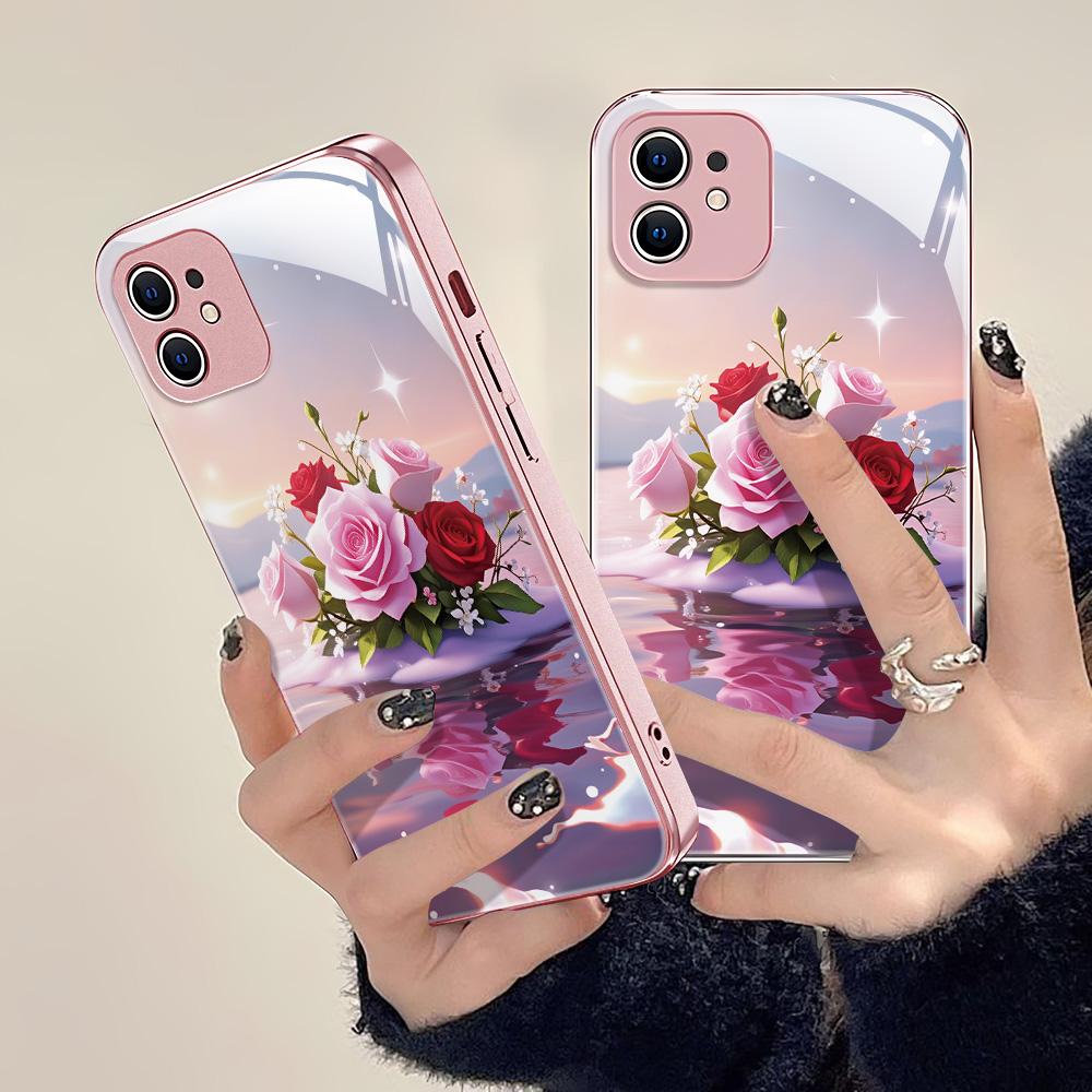 Чехол для телефона со стеклянной задней панелью и цветами розы Для iPhone 17 Pro Max 17 16 13 16 Pro Max Для iPhone 15 14 12 Air 11 Обложка Funda Металлическая рамка
