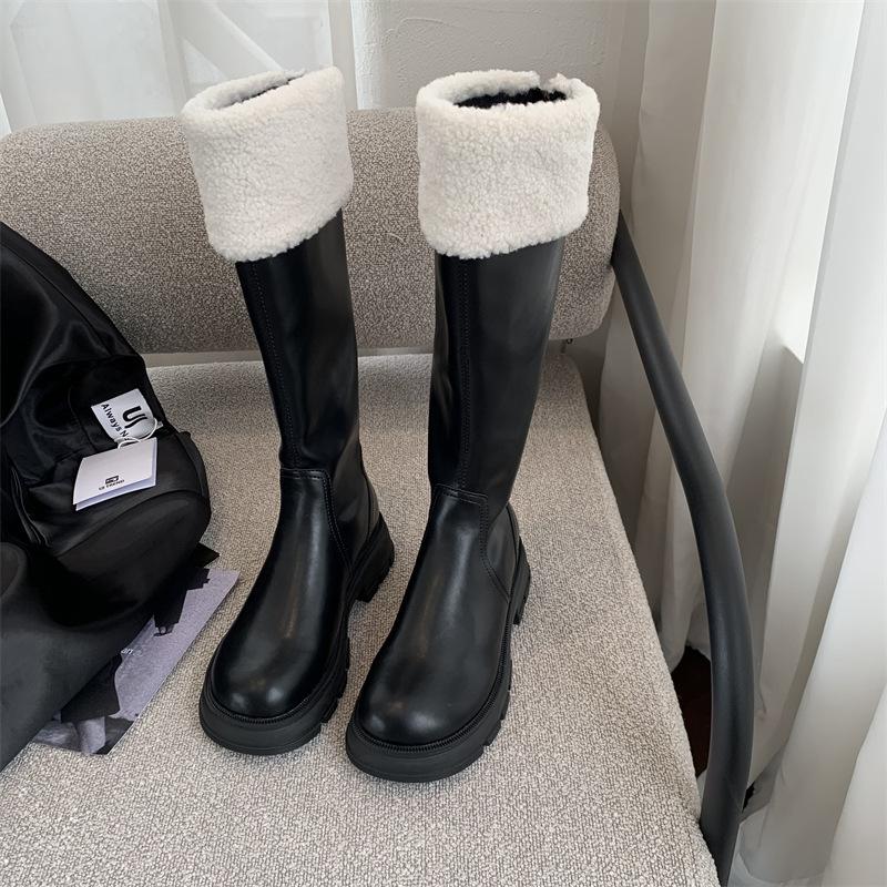 Длинные сапоги-рыцари на толстой подошве, женские высокие сапоги 2024 года, осенне-зимние новые сапоги из плюша и хлопка, зимние сапоги