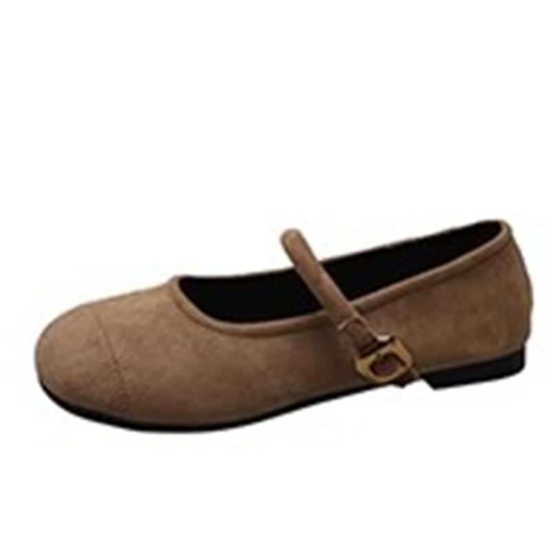 Spring 2025 New Suede Fairy with Skirt Shallow Mouth Single Shoes Retro Round Head Flat Bottom Buckle Temperament Women's Shoes