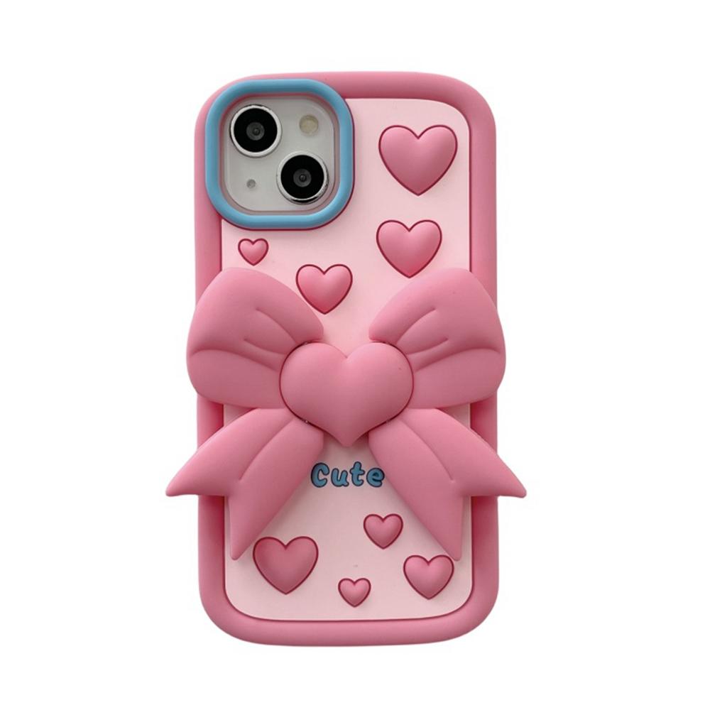 Cute Cartoon 3D Bow-knot Bracket Phone Case for iPhone 11 12 13 14 15 Pro Max 12 Pro 13 Pro 14 Pro Max Anti-drop Soft Silicone Cover