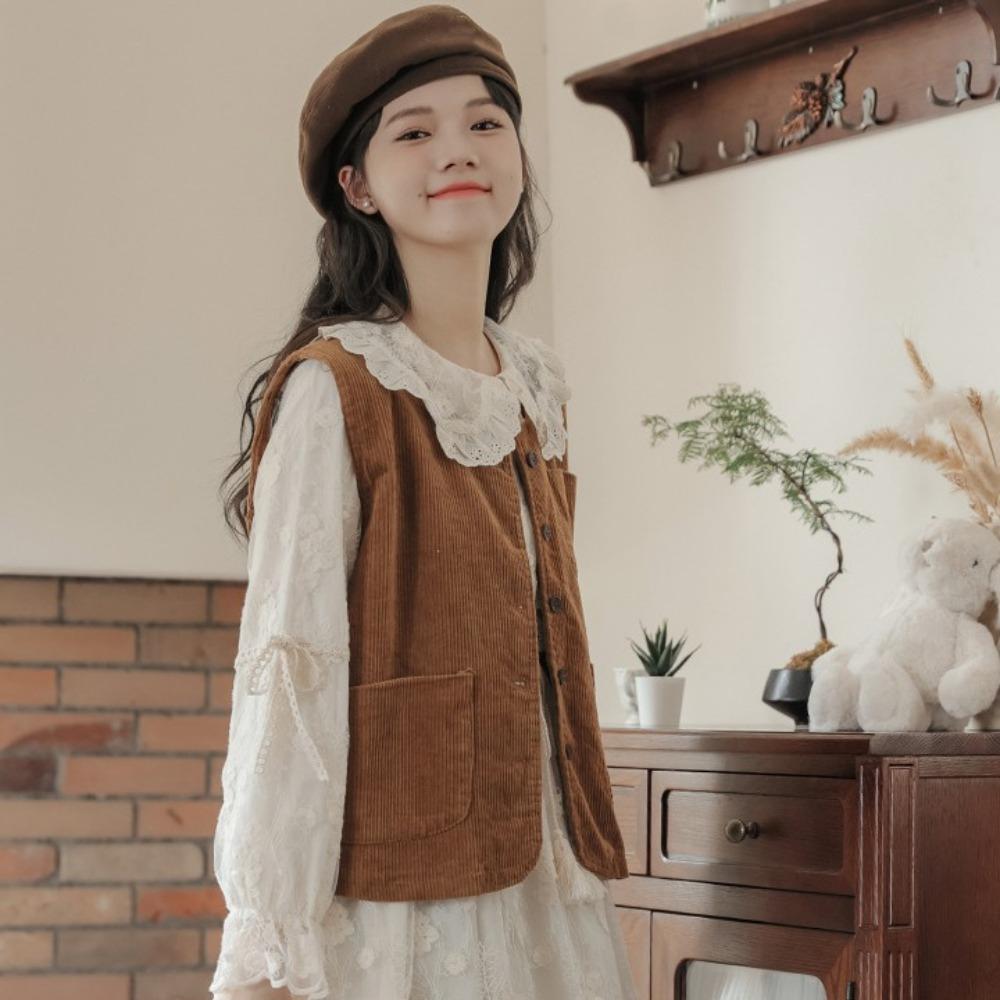 All Match Button-up Short Coats Round Neck Waistcoat Women Simple Vintage Corduroy Vests  Ladies