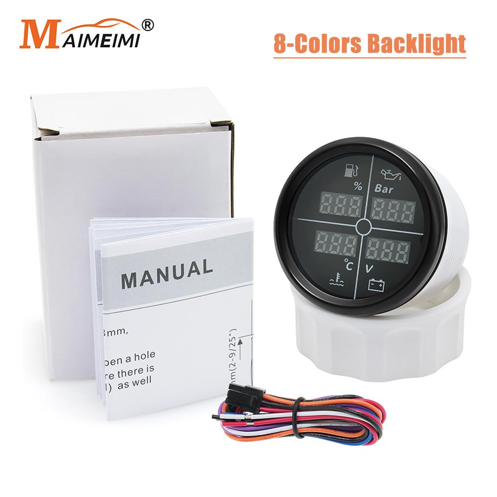 52mm Car Marine Digital Multifunction Gauge Fuel Level Oil Pressure Water Temp Voltmeter 4 in 1 Gauge 8 Color Backlight 0-190ohm