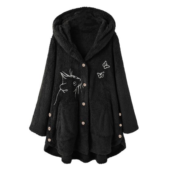 Women Winter Coat Thick Warm Thermal Long Sleeves Buttons Plush Butterflies Cozy Cat Pattern Winter Hoodie Coat for Outdoor