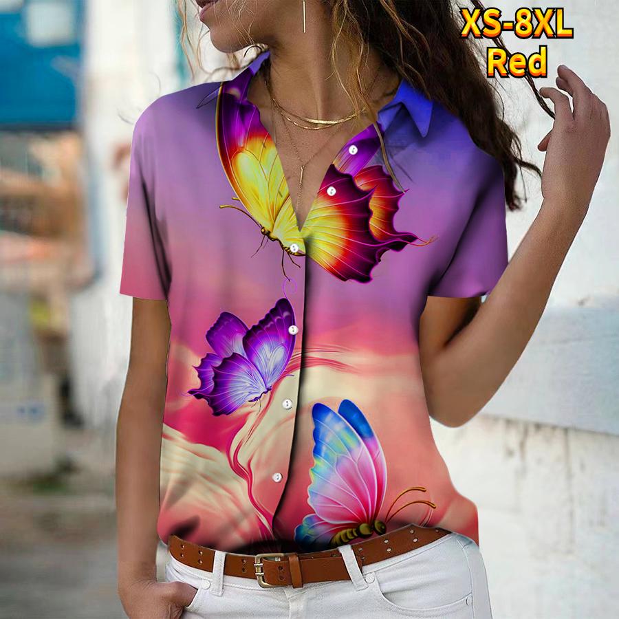 2025 Лето Новая Мода Женская Повседневная Рубашка Топ с Коротким Рукавом и V-образным Вырезом на Пуговицах с Принтом Бабочек