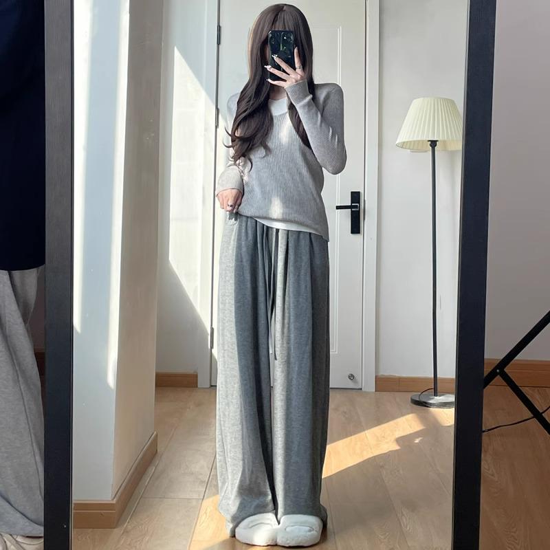 Женские трикотажные брюки с высокой талией и широкими штанинами Petite 145 - Весенне-осенние повседневные брюки свободного кроя с прямыми штанинами из клейкой рисовой ткани 150.