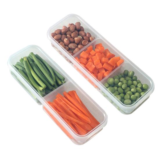 2 шт. Узкие контейнеры для еды с крышками, длинные прозрачные контейнеры для закусок с 2 или 3 отделениями, узкий штабелируемый органайзер для холодильника для холодильника, кладовой