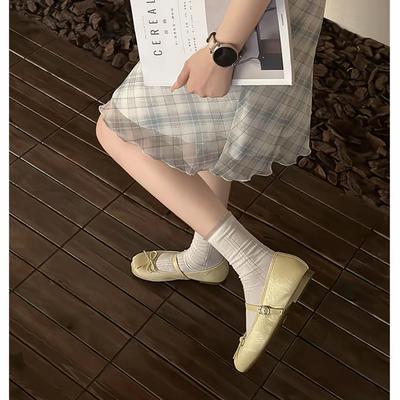 Туфли-лодочки с квадратным носком, в стиле ретро, с бантом, женские, новые, 2025, универсальные, кожаные, на плоской подошве, с вырезом