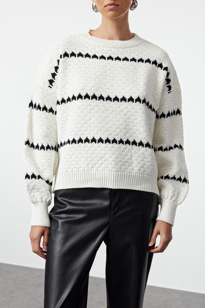 Женский модный стильный свитер цвета экрю, ажурный полосатый вязаный свитер с отверстиями